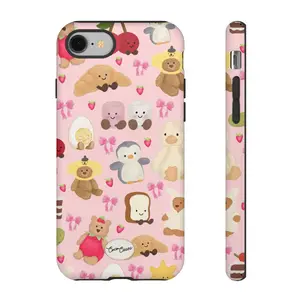 Kawaii Jelly cat Aesthetic - Strawberry Teddies Coco Phone Case – Soft Pink Aesthetic Cover with Teddy Bear, Penguin, Strawberry & Bow Pattern – Adorable Shockproof Protective Case |   Cover for IPhone 17 16 15 14 13 12 SE Max Pro Samsung galaxy