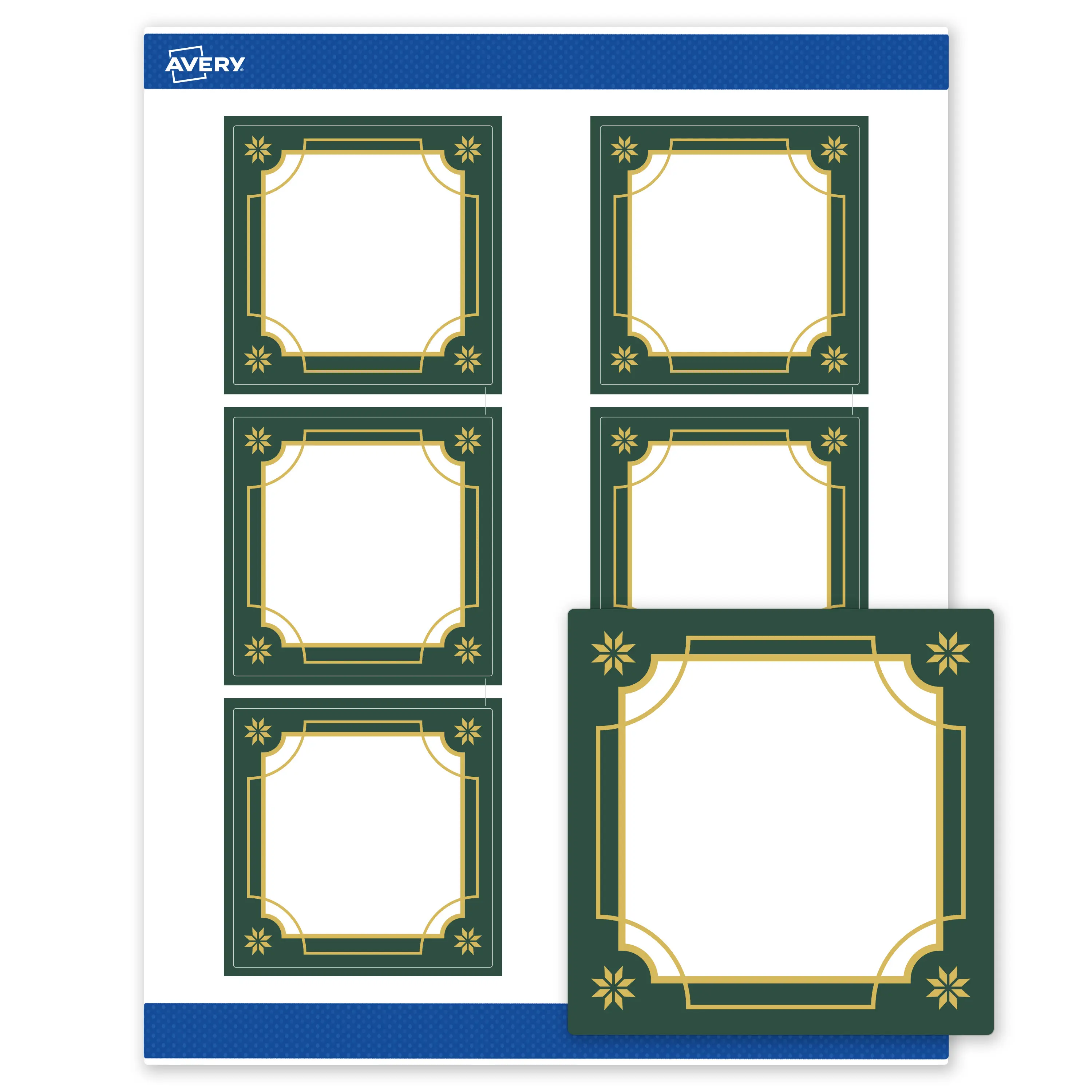 Avery® Printable Christmas Labels with Sure Feed® Technology, Square, 3" x 3", Pre-Printed Green & Metallic Gold Border Design, Matte White, Laser & Inkjet Compatible, 60 Total