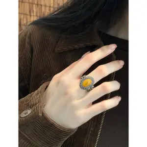 Flash & Finesse Adjustable Open Ring - Egg-Shaped Amber Pattern, Retro Ethnic Style Bohemian Vintage Costume Jewelry, Ideal Valentine's Day Gift for Girlfriend or Wife