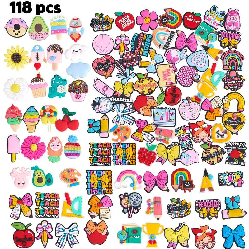 118PCS Teacher Theme PVC Shoe Charms Mixed 28 Bow Teacher +60 Pink Teacher's Day +30 Random Pink, Apple Pencil Inspirational Slogan Bowknot Cartoon Patterns, Flexible PVC Charms for Clogs Sandals DIY, Nice Craft Gifts for Teachers & Educators