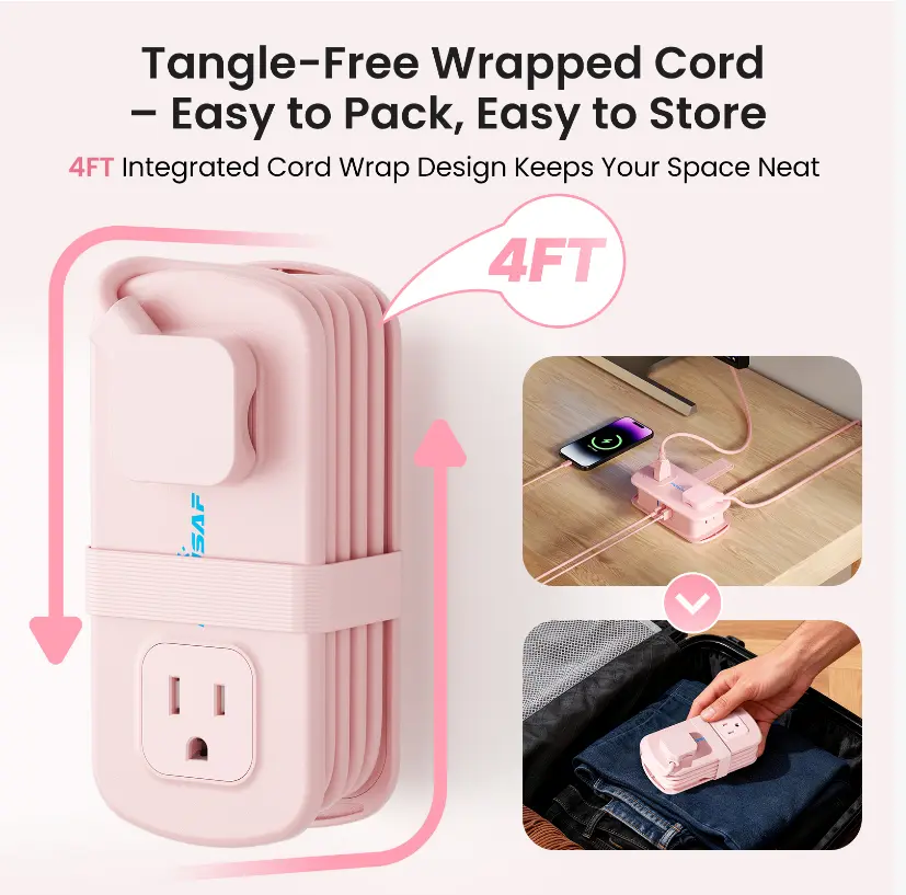 Stylish Mini Travel Power Strip, Cruise-Friendly 4ft Extension Cord, 20W Fast Charging, No Surge 4 Outlets, 2 USB-C & 1 USB-A [Hotel/Office/Travel] gifts for him,compact,fathersdaygift