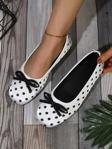 Vintage Wine Polka Dot Single Shoe, Square Toe Butterfly Knot Design, Gentle Style Flat Granny Shoes for Women
