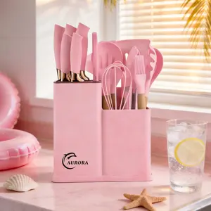 【New Year & Valentine's Gift】White Pink 19-Piece Kitchen Knife Set, Includes Heat-Resistant Silicone Utensils (5-Piece) & Wooden Handle Cutlery, Chef's Knife & Non-Stick Spatula, Easy to Clean — Ideal Gift for Girlfriend or Best Friend Kitchenware
