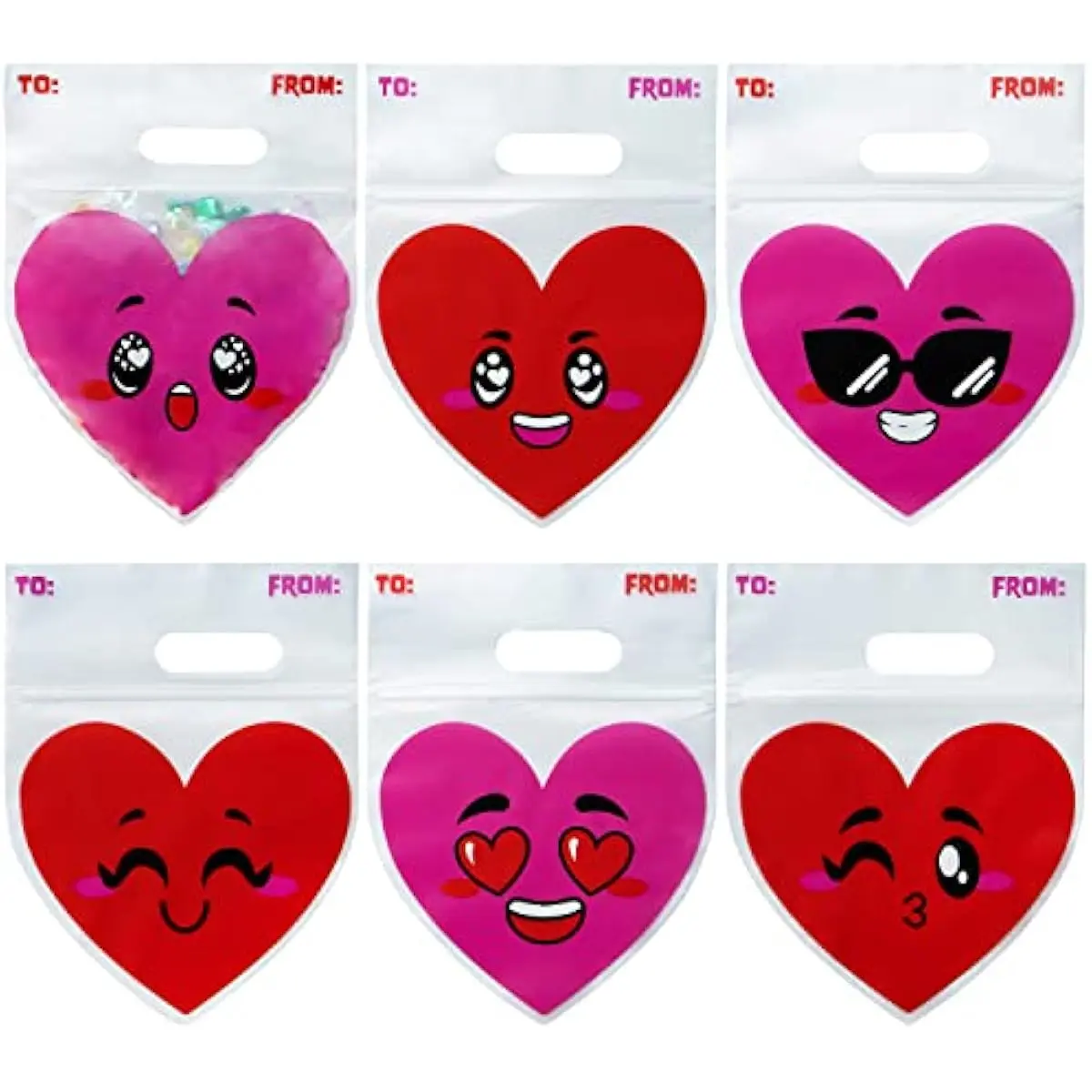 48 Pcs Valentines Day Cellophane Gift Bag,Candy Treat Bags,Goodie Bags with Red Pink Heart Designs for Kids Party Favors, Classroom Exchange Prizes, Valentines Cookie Bags