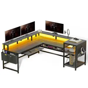 SIKAIC 96-Inch L-Shaped Reversible LED Gaming Desk, Grey Commercial Office Furniture, Desks for Gaming
