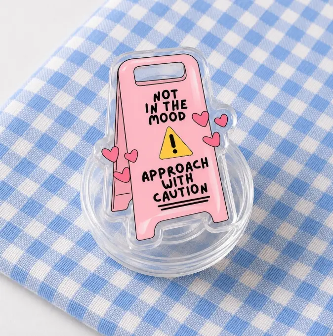 Funny Pink Warning Sign Phone Grip, Cute Acrylic Phone Stand, Kawaii Cell Phone Grip Holder, Funny Mood Phone Accessory, Gift for Friends and Teens