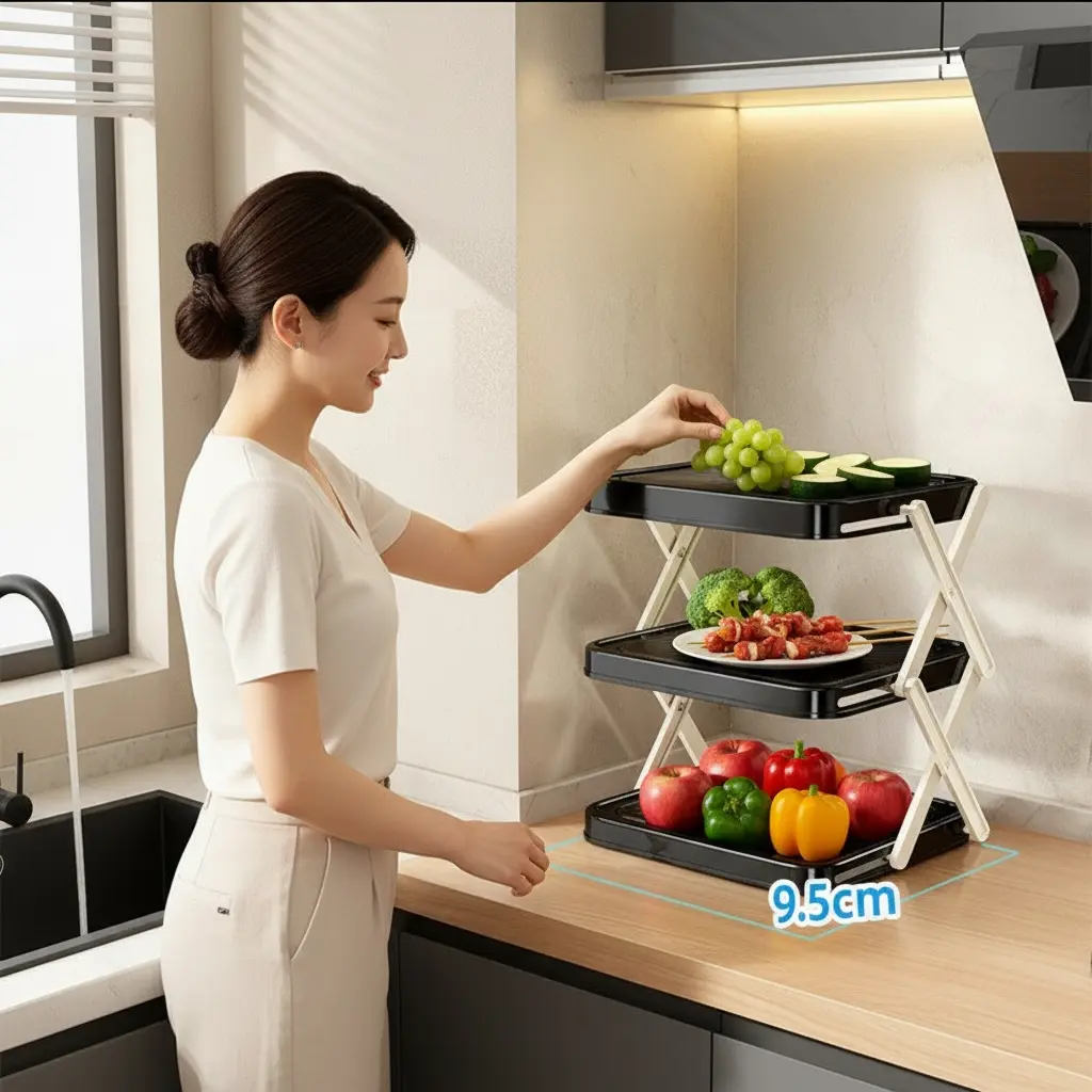 Plastic Foldable 3-Tier Kitchen Counter Rack - Kitchen Storage Organizer for Fruits, Vegetables, Dishes