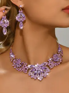 Luxurious Champagne Crystal Flower Earrings Necklace Set, Elegant Jewelry for Parties Weddings Festivals, All Seasons Wear