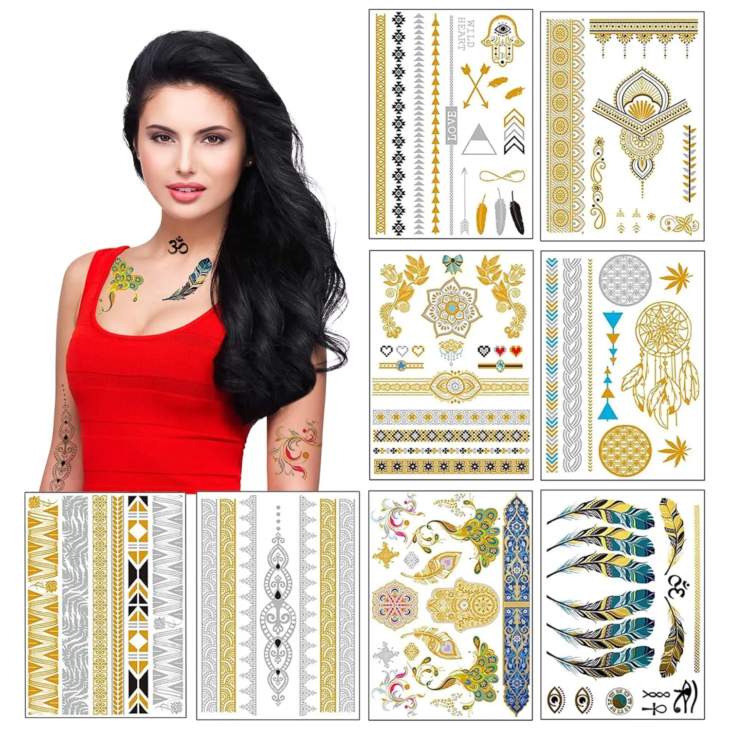 Metallic Temporary Tattoos for Women Teens  - 8 Sheets Gold Silver Temporary Tattoos Glitter Shimmer Designs Jewelry Tattoos - 100+ Color Flash  Waterproof  Stickers (Mustique)