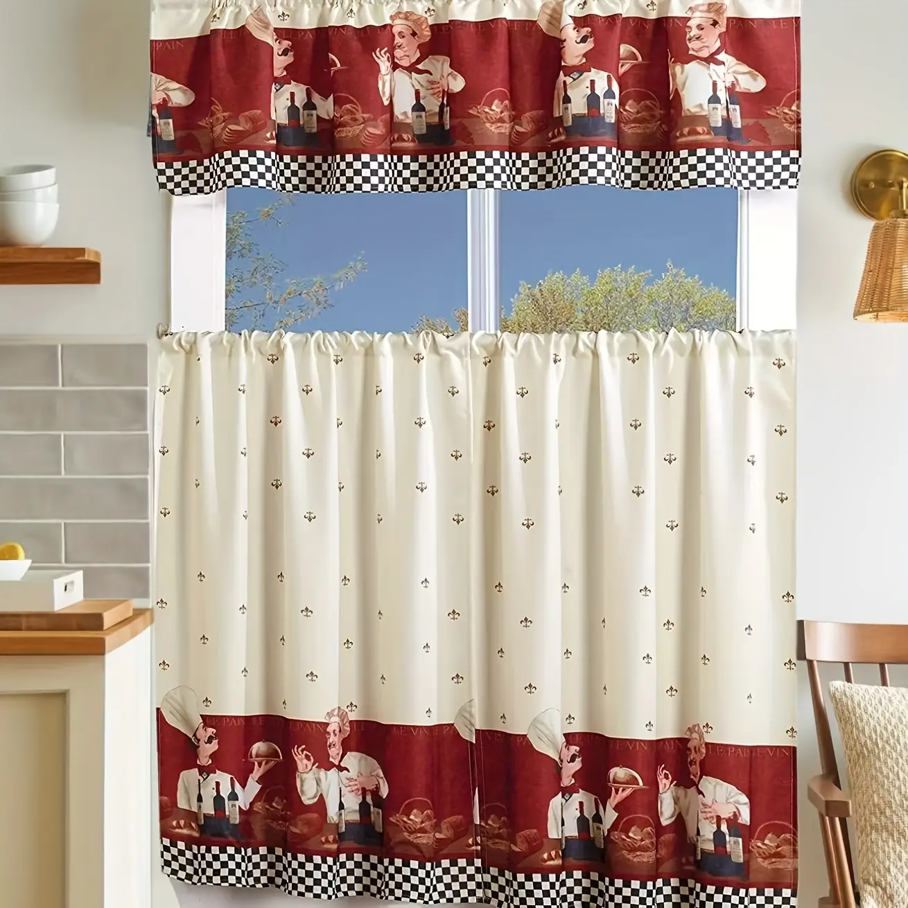3-PC Traditional Fade Resistant Polyester Floral Print Soft Cafe Romance Kitchen Window Curtain Set - Home Decoration Curtain with Easy Rod Pocket, Swag Valance & Tier Panels for Effortless Hanging, Machine Washable Home Textile Accessory, Interior Decora
