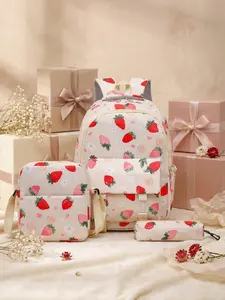 Strawberry Print Backpack Set, Cute Girl Style Student Backpacks, Includes Crossbody Bag & Pencil Case, Large Capacity, Waterproof, Durable