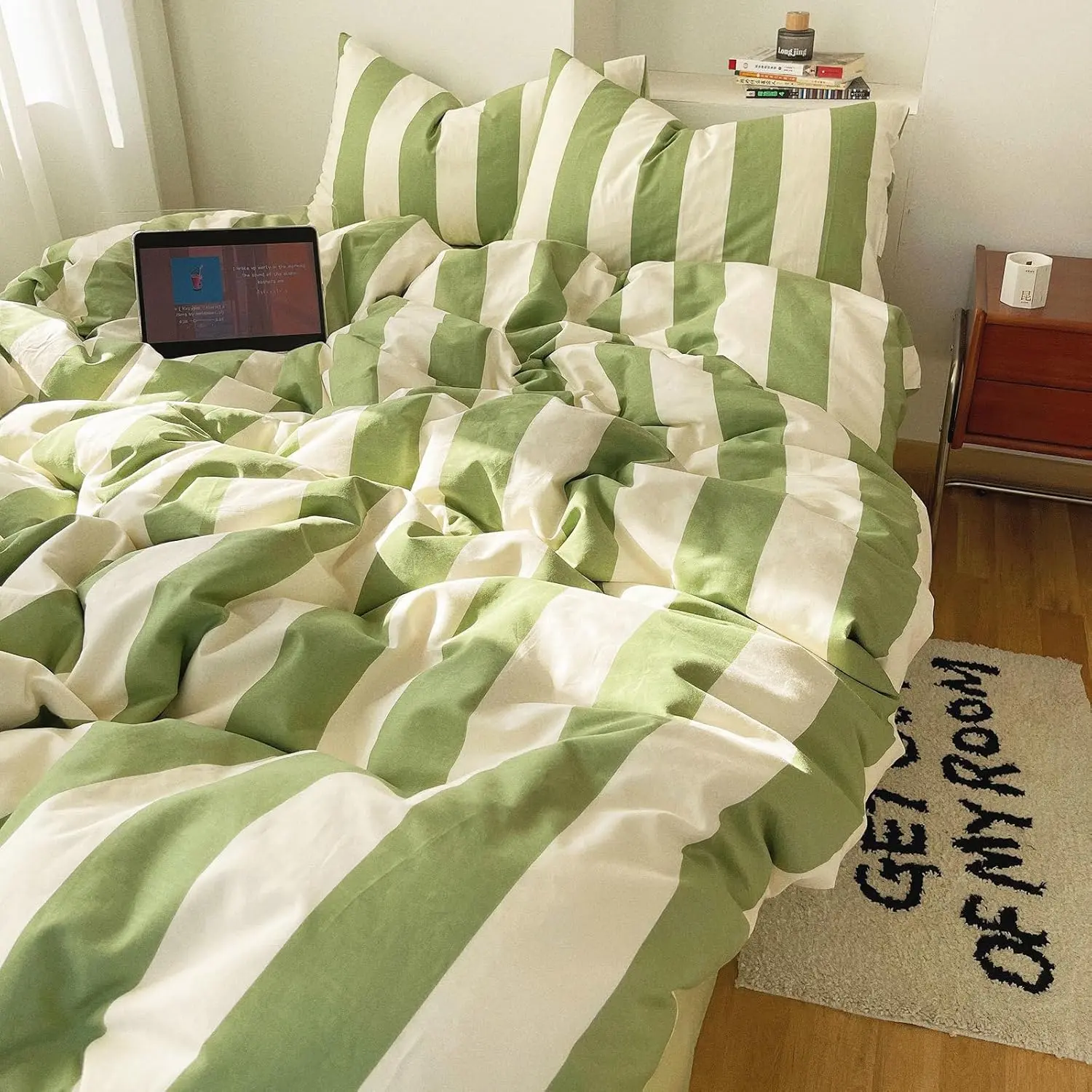 3 Pieces Queen Size Striped Duvet Cover Set, 100% Washed Microfiber Sage Green White Stripes Printed Comforter Cover, Soft Breathable Farmhouse Striped Bedding Set 3 Pieces Queen Size Striped Duvet Cover Set, 100% Washed Microfiber Sage Green White Stripes Printed Comforter Cover, Soft Breathable Farmhouse Striped Bedding Set
