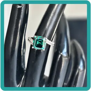 [LeBijouLab] 3.5CT Asscher Cut Synthetic Green Moissanite Engagement Ring w/ Adjustable Size, Elegant Square Ring For Women, Mother's Day Gifts