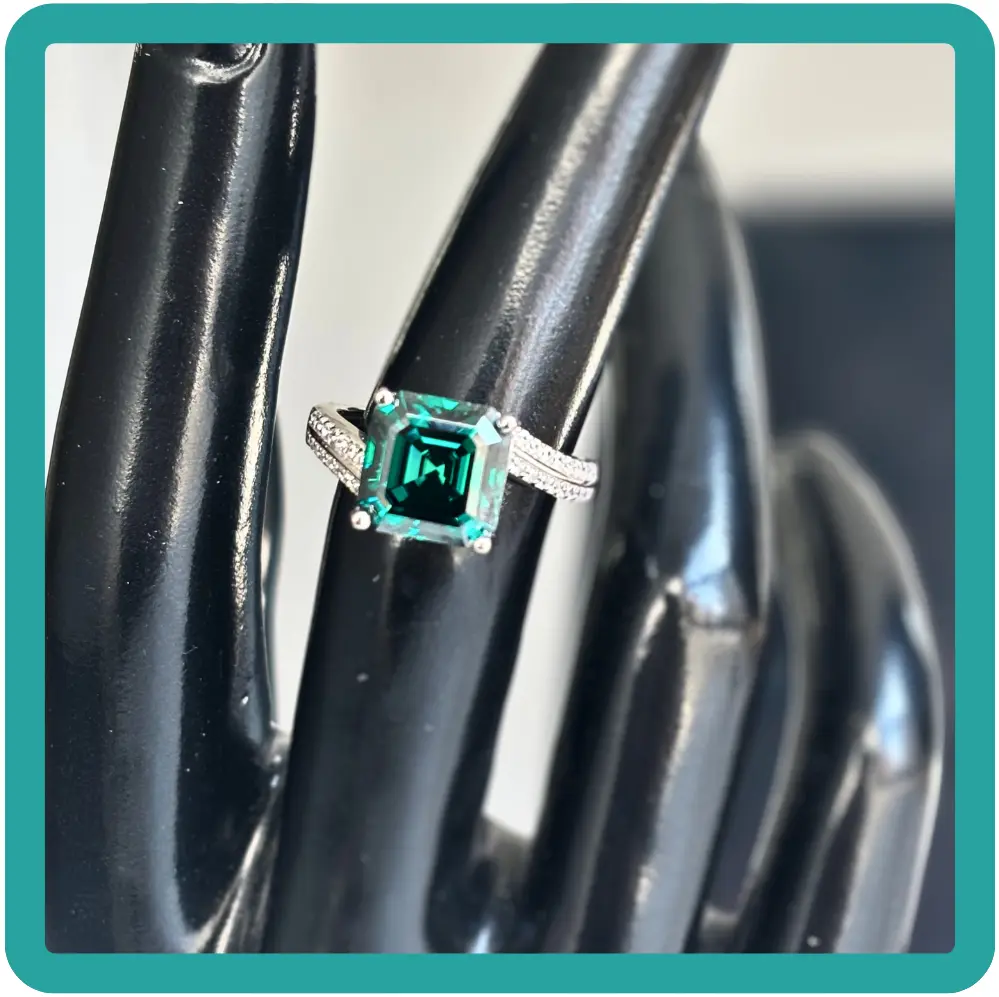 LeBijouLab Women's Handmade S925 Sterling Silver Adjustable Band Ring - 3.5 ct VVS Grade D Excellent Cut Asscher Cut Emerald Green Moissanite Gem, Maximize Brilliance, Mother’s Gift