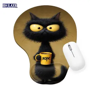 Grumpy Cartoon Black Cat with Fluffy Fur Yellow Eyes Holding Nope Mug 8.98*7.56inch Silicone Wrist Rest Mouse Pad Desk Accessories Ergonomic for Office Home Computer Perfect Gift