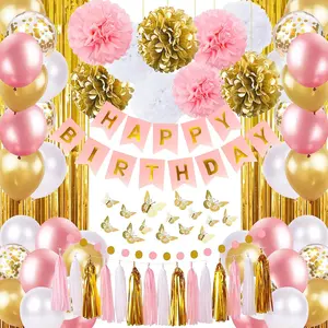 Pink and Gold Birthday Party Decorations for Women with Happy Birthday Banner,Curtains, Butterfly Wall,Circle Dots Garland,Tissue Pompoms,Paper Tassels Garland Birthday for Her