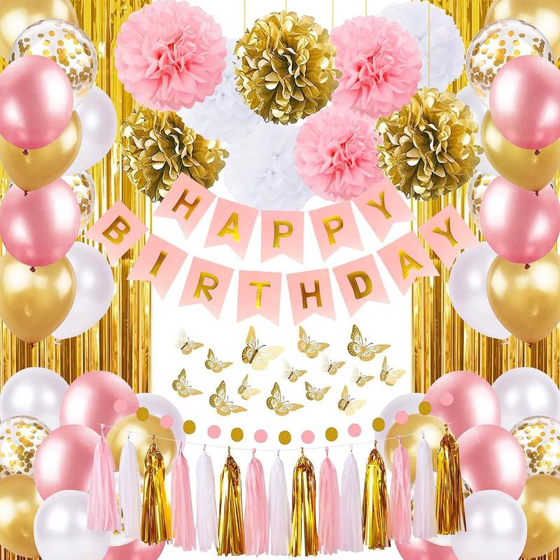 Pink and Gold Birthday Party Decorations for Women with Happy Birthday Banner,Curtains, Butterfly Wall,Circle Dots Garland,Tissue Pompoms,Paper Tassels Garland Birthday for Her