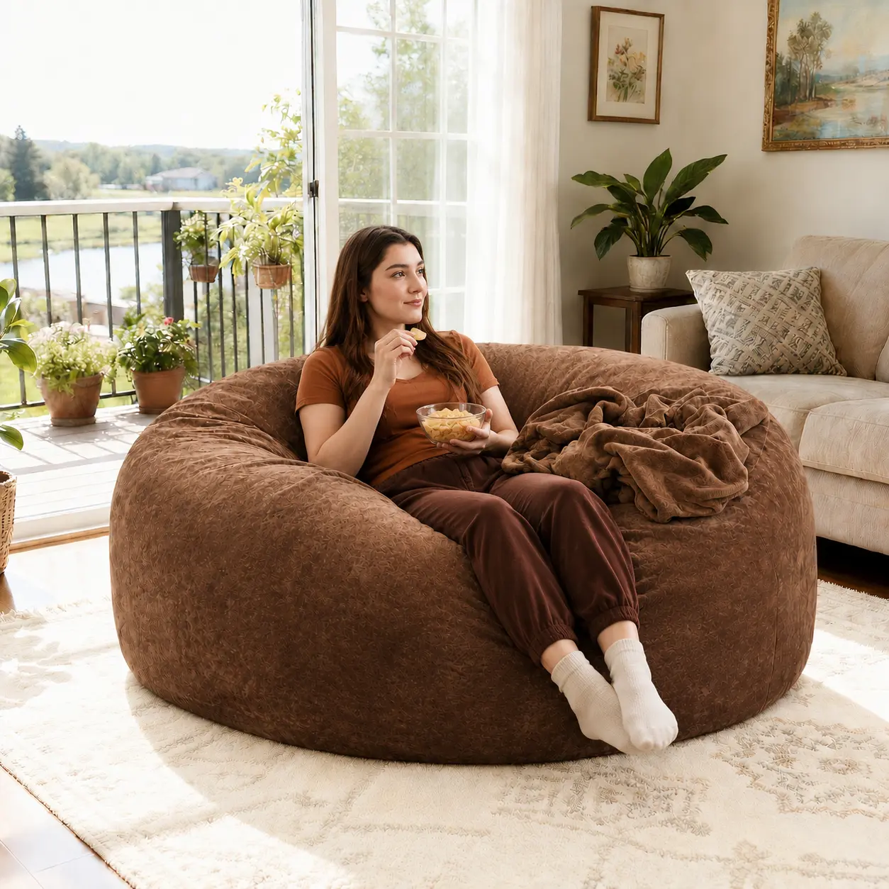 6FT Oversized Bean Bag Sofa Chair, Teddy Velvet Memory Foam Lounger for Adults, Washable, Pet-Friendly, Cozy for Bedroom Balcony