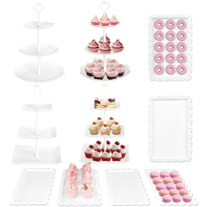 10Pcs Cupcake Stand,Dessert Table Display Set, 4 White 3 Tired Cake Stand 6 Plastic Serving Trays for Party Cookie Rack Desert Tower Holder for Wedding Baby Shower Tea Party Decorations