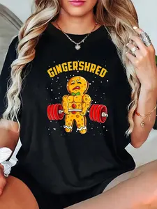 100% Cotton Unisex Gingershred Funny Gingerbread Man Gym Bodybuilding Christmas T-Shirt，Autumn Women's T-shirt Christmas Happy Letter Snowflake Fun Pattern 1