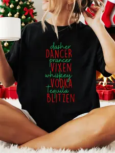100% Cotton Women Christmas T-shirt Funny Christmas Dasher Dancer Prancer Vixen Whiskey Vodka Te T-Shirt