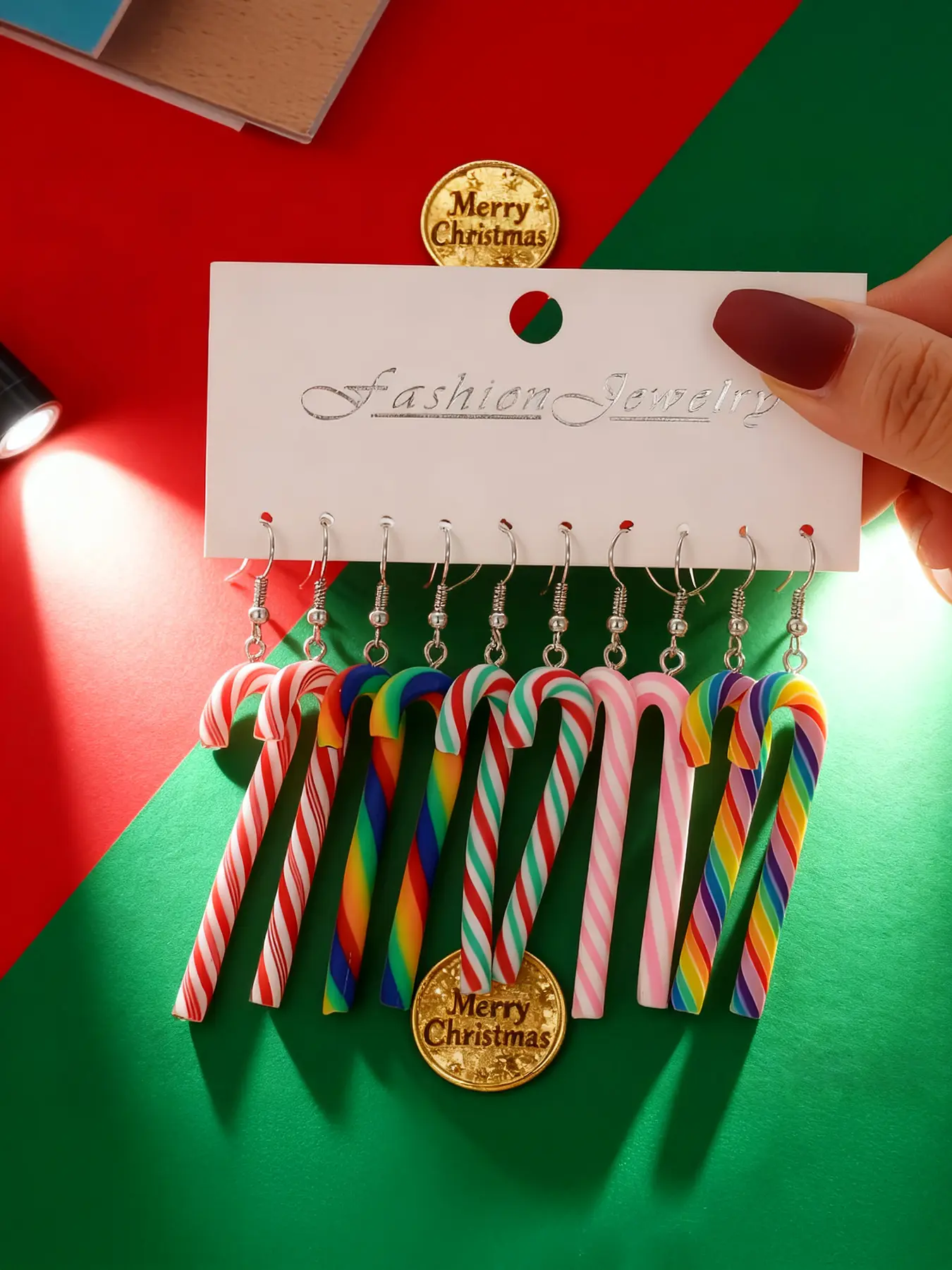 Women's Fashion Cute Jewelry Dangle Earrings Set, Christmas Rainbow Soft Clay Cane Pendant Earrings, Unique Design Earrings, Unique Gift for Girlfriend or Friend