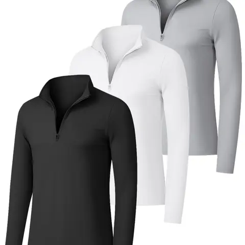 Men's 3-Piece Collared Neck Slim-Fit Long-Sleeve Half-Zip Plain Activewear Set - Casual Sporty Fitted Gym Stuff, Fitness Athletic Streetwear, Daily Wear Male Clothing