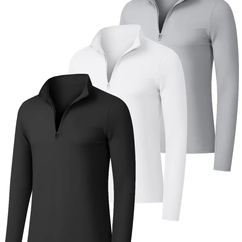 Men's 3-Piece Collared Neck Slim-Fit Long-Sleeve Half-Zip Plain Activewear Set - Casual Sporty Fitted Gym Stuff, Fitness Athletic Streetwear, Daily Wear Male Clothing