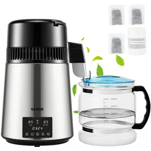 VEVOR 1.1Gal Water Distiller, 0.3Gal/H, 750W Distilled Water Maker Machine 0-99H Timing Dual Temp Display, 304 Stainless Steel Countertop Distiller Glass Carafe Cleaning Powder 3 Carbon Packs, Silver