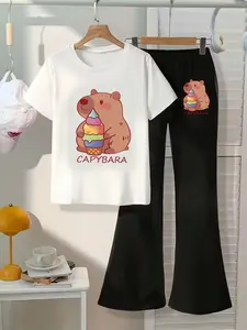 Boy And Girl Capybaras Ice Cream Print, Summer Set T-Shirt With Round Neck And Short Sleeves + Flared Pants - Sweet And Cool Casual Two-Piece Set. Comfortable For Daily Use, Suitable For Outdoor Activities, And A Great Gift Choice.