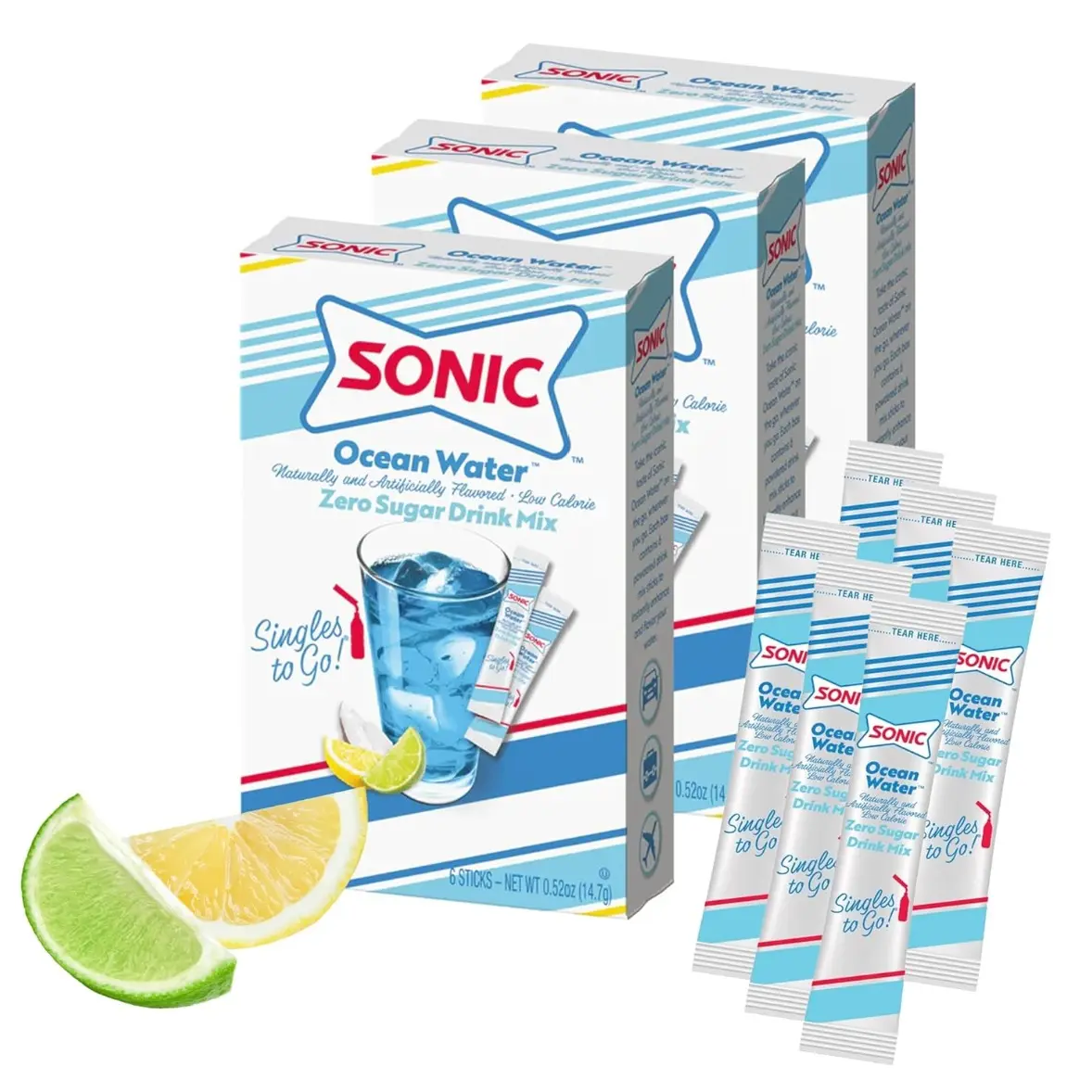 Choose ur flavors| Sonic Singles to Go Powdered Drink Mix, Ocean Water, 6 Sticks per Box, 3 Boxes included (18 Sticks Total)