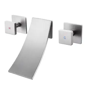 WOWOW Vanity Vessel Faucet, Wall Mount Brass Wash Basin Faucet for Bathroom Sink, Waterfall 3 Holes Modern Faucet with Dual Handles, Brushed Nickel