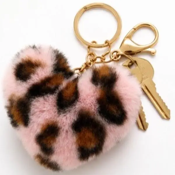 Unisex Leopard Print Glamorous Fashion Keychain - Compact Stylish Design, Pink Puff Heart Shape Charm, Practical Casual Fashion Accessory