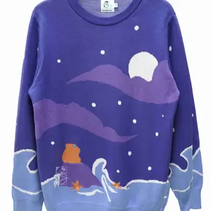 Moonlight Dreamer 100% Cotton Knitted Sweater | Navy and Purple Fantasy Cute Space Frog Crewneck