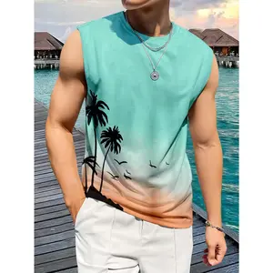 Men's Summer Casual Sleeveless Tank Top with Tropical Palm Tree Gradient Print – Lightweight Polyester Blend, Round Neck, Relaxed Fit for Beach & Vacation Wear, Vacation Apparel |   Gradient Design |   Glossy Fabric