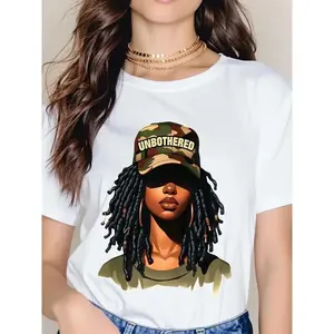 100% Cotton Fabric Premium  Cotton Women's White T-Shirt |   Ultra-Soft Breathable Print |   Unbothered Girl with Dreads and Camo Hat Graphic