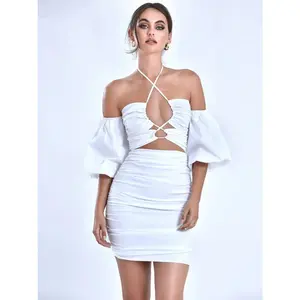 KASEY WHITE LACE UP HALTER NECK PUFF SLEEVE DRESS