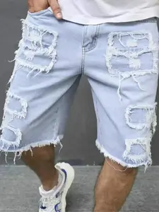ZYNE Men's Regular Fit Frayed Hem Denim Shorts, Casual Ripped Denim Comfy Pocket Shorts for Summer, Fashion Men's Bottoms for Daily Wear