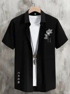 Men's Rose Print Short Sleeve Shirt, Casual Fashion Shirt, Regular Fit Floral Casual Button Down Top for Daily Wear, Men's Summer Clothes, Tropical, Casual Button Front, Casual Stylish Menswear