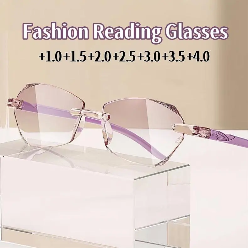 Women's Fashion Diamond Cutting Rimless Presbyopia Reading Glasses Luxury Far-sighted Prescription Eyewear for Female