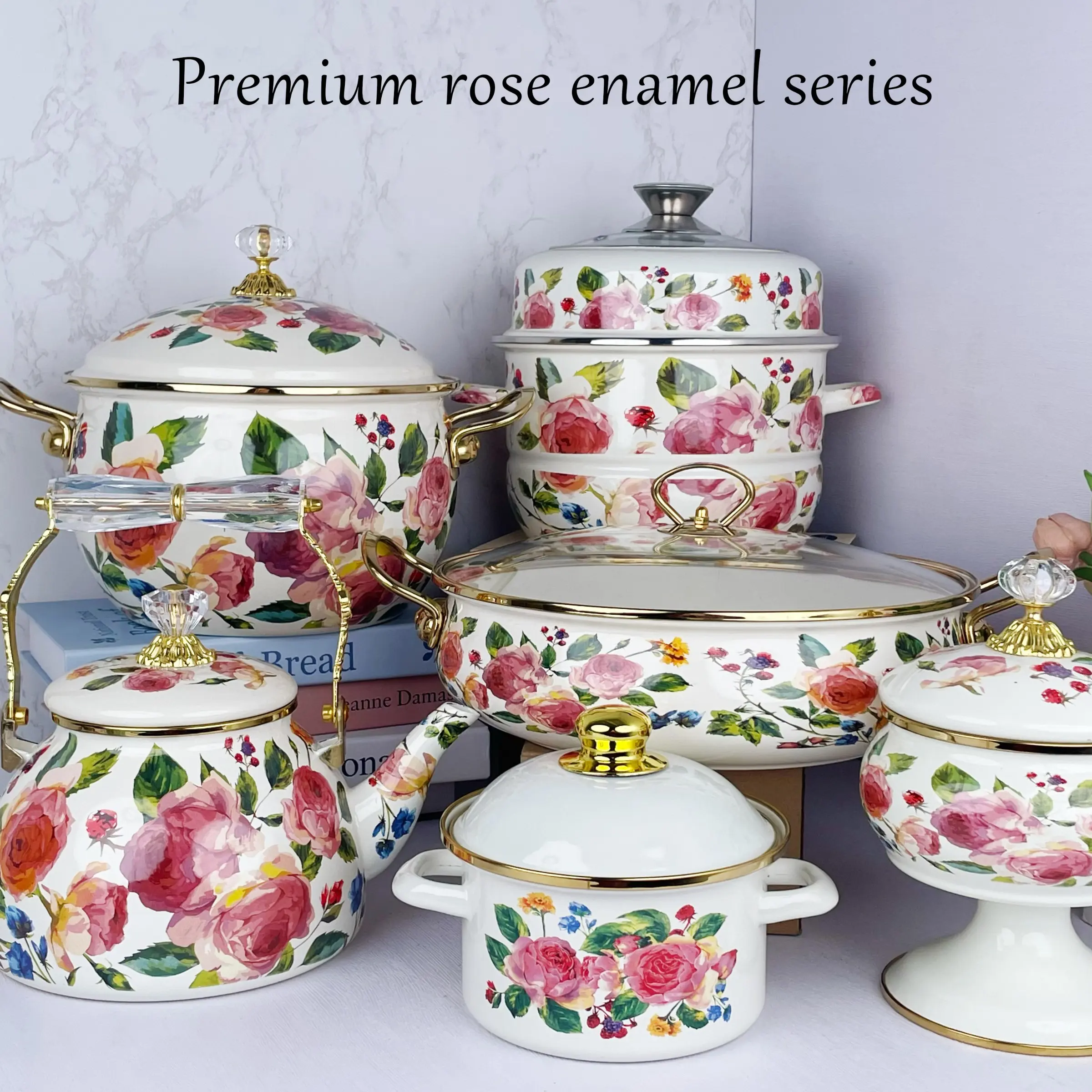 High-quality Enamel Soup Pot, Enamel Double-layer Steamer of The Same Series, with Multiple Specifications to Choose, Flower Pattern Stockpot, Perfect For Stews, Braising & Steaming, Works On Induction/Gas/Electric, Cookware, Cooking Pot
