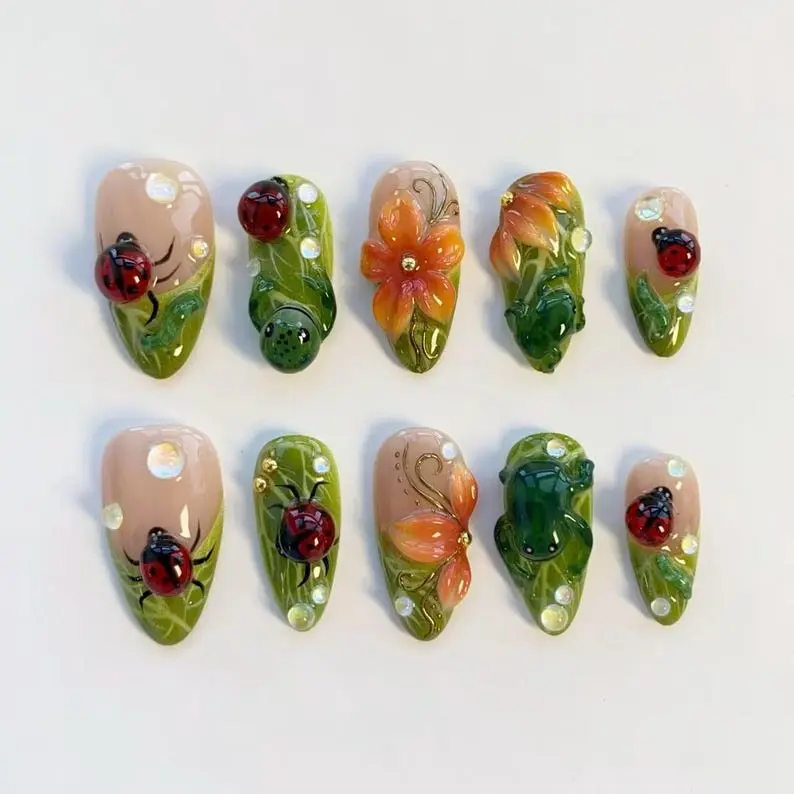 Dreamy Summer Cute 3D Green Frog Nails Ladybug Nails Press On Spring Flower Nails 3D Gel