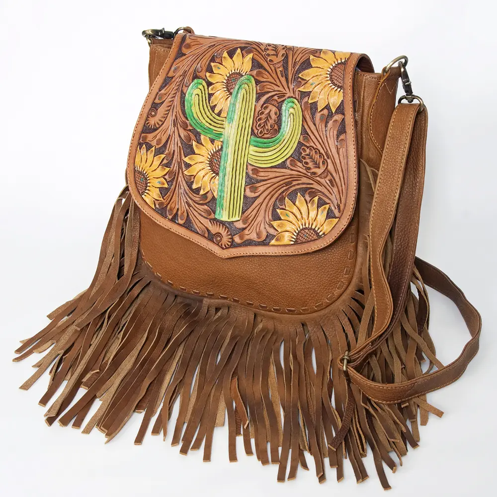 American Darling Messenger Bag Hand Tooled Sunflower Cactus Leather with Fringes Western Crossbody 11.5in x 11.5in