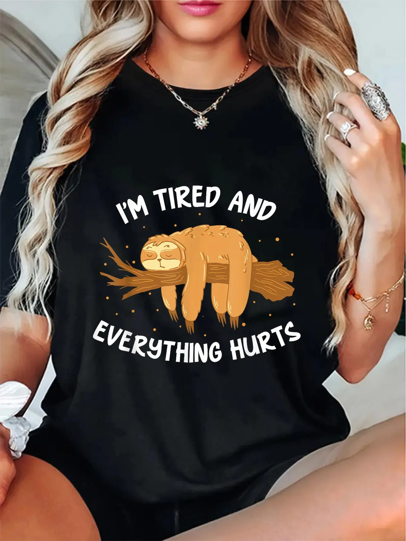 Lady's 100% Cotton Casual Short-Sleeve Graphic T-Shirt, Featuring Tired Sarcasm & Sloth-Themed Design for Everyday Wear, Shortsleeve, Funny Vibes, Round Neck