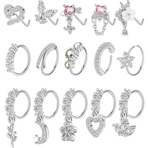 15 count 20G 316L Stainless Steel Dangle Nose Rings Hoop for Women L Shape Nose Stud CZ Heart Flower Butterfly Nose Rings Piercing
