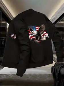 Men's Casual Pilot Jacket with American Flag Element, Eagle Print, Zipper Baseball Collar, Polyester/elastic Blend
