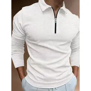 Men's Fall Waffle Knit Polo Shirt, Solid Color Half-Zip Design, Breathable Fabric, Casual & Business Wear, Trendy Idea