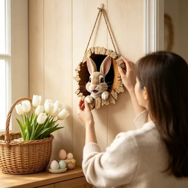 1 Pack Cute Peeking Bunny Tree Hole Hanging Decor 30×30×0.5cm Easter Spring Waterproof Hanging Ornament for Front Door Garden Wall Farmhouse Easter Party Decor