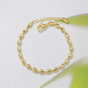 14K Gold Plated Oval Bead Chain Bracelet for Women, Dainty Rice Bean Link Bracelet Jewelry Gift for Birthday Christmas Anniversary