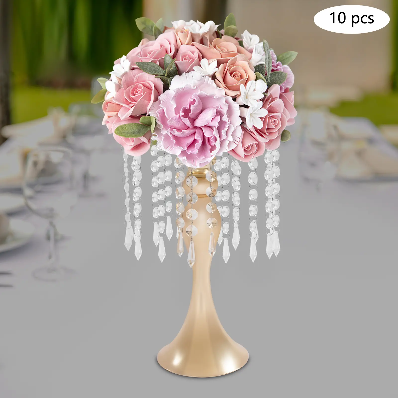 CNCEST 10-Piece Electroplating Gold Round Iron-Acrylic Open Frame Pedestal Stand Set, 13.7in Secure Easy-Assembly Glam Home Supplies, Valentines Day Decor for DIY Crystal-Accent Ornaments & Centrepieces